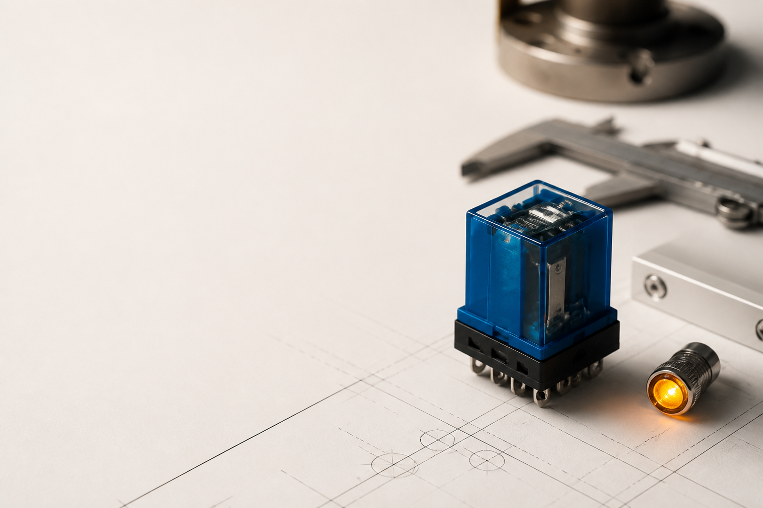 A blue industrial relay switch on a clean work surface